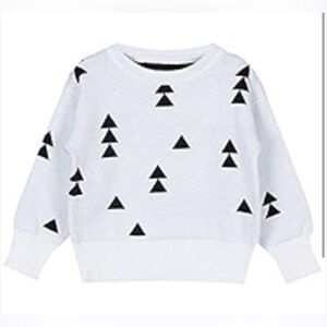 Kids White Geo Knit Intarsia Sweater with Black Triangle Pattern 100% Cotton 3y